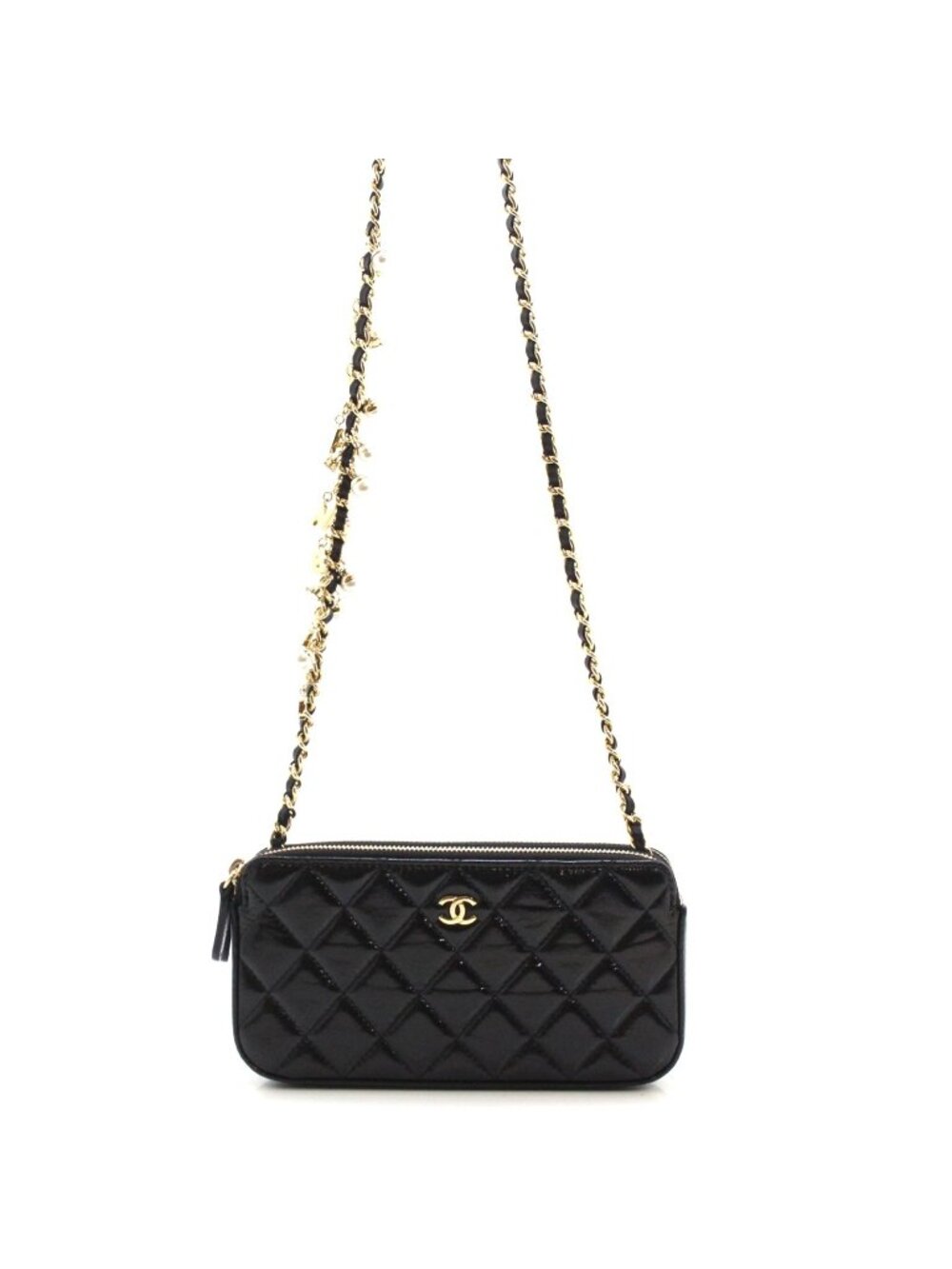 Chanel Quilted Zipper Chain Shoulder Bag Patent Leather Bijou Costume Pearl